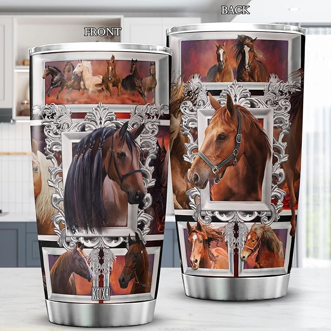 Horse Stainless Steel Tumbler With Lid 20oz Equestrian Farm Animal Print Cup Horses Gift Ideas Husband Present Insulated Travel Coffee Mug Vintage Horse Printed Gifts For Him - Bloomnest
