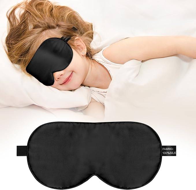 Kids Sleep Mask Eye Cover, 100% Real Natural Pure Silk Eye Mask with Adjustable Strap, Blindfold Kids Eye Mask for Sleeping, Eye Shade for Boys Girls and Adult, Pressure-Free Comfort (Black) - Bloomnest