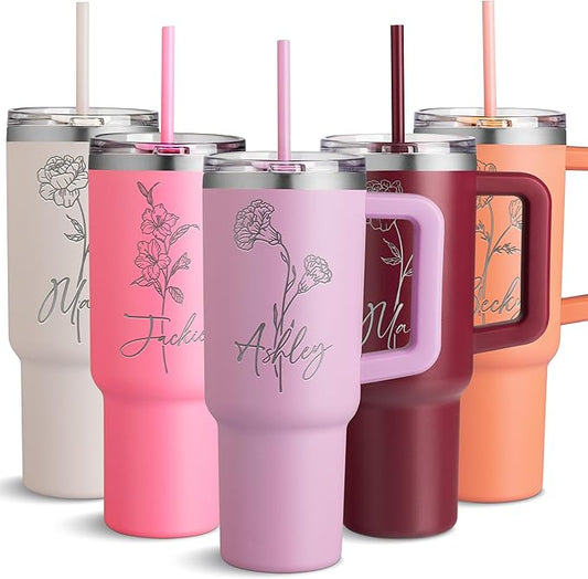 Custom Engraved 40 Oz Tumbler with Handle - Birth Flower and Name Design, Double-Wall Insulated Coffee Cup - Birthday Gifts for Women, Lilac - Bloomnest
