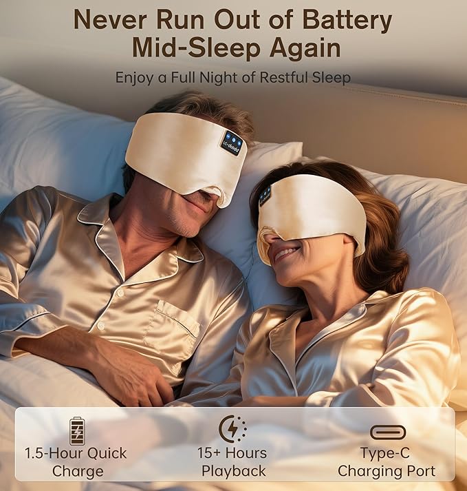 LC-dolida Luxurious Silk Soft Sleep Mask, Sleep Headphones with Bluetooth 5.4 for Side Sleeper, Total Blackout Eye Sleeping Mask for Women and Men, Ideal Gift for Restful Sleep, Travel(Champagne) - Bloomnest