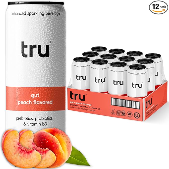 Tru Gut Seltzer, Sparkling Water with Prebiotics, Probiotics & Vitamin B3, Peach Juice & Natural Flavor, Lightly Carbonated, Gluten Free, Vegan, Caffeine Free, Low Calorie, 12 FL OZ Cans, 12 Pack - Bloomnest