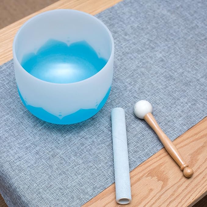 Leize Blue Lotus Design Crystal Singing Bowl G Note Throat Chakra Blue 8" with Heavy Duty Carrying Case Suede Striker