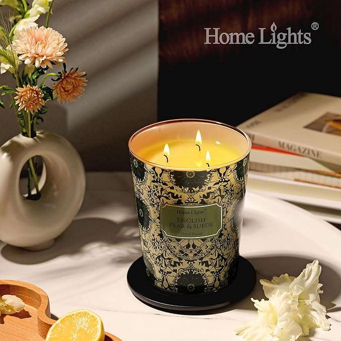 HomeLights Soy Wax Candles for Home Scented, 3-Wick Candles in English Pear & Suede Scented, Bohemian Natural Textures Aromatherapy Candles Gift for Parties, Relaxing, 34oz - Bloomnest