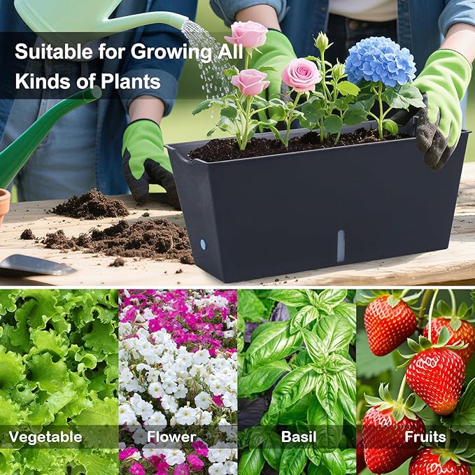 Window Box Planter 6 Pcs, 16.5 Inches Self Watering Rectangle Flower Plant Pots with Drainage Holes Trays, Vegetable Planters for Windowsill Patio Garden Balcony Porch Yard (Black) - Bloomnest