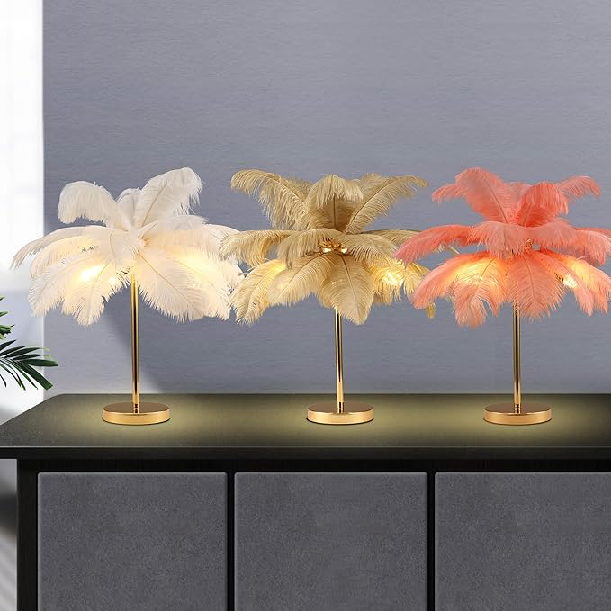 MAYOLA Modern Ostrich Feather Table Lamp with Plug in Wire,3-Light Bedside Floor Lamp for Living Room, Bedroom and Office 24” Tall Feather Desk Lamp (White, Table Lamp-Metal) - Bloomnest