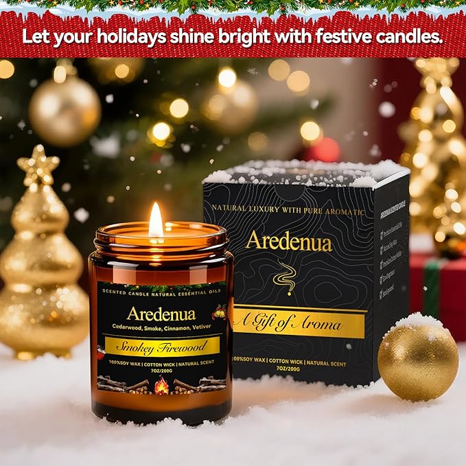 Christmas Candles - Firewood Scented Candles | Christmas Scented Candles - 7 oz Soy Candle with Warm Wood Smoke Aroma, Winter Scented Ideal for Cozy Cabin, Holiday Gift for Men & Women - Bloomnest