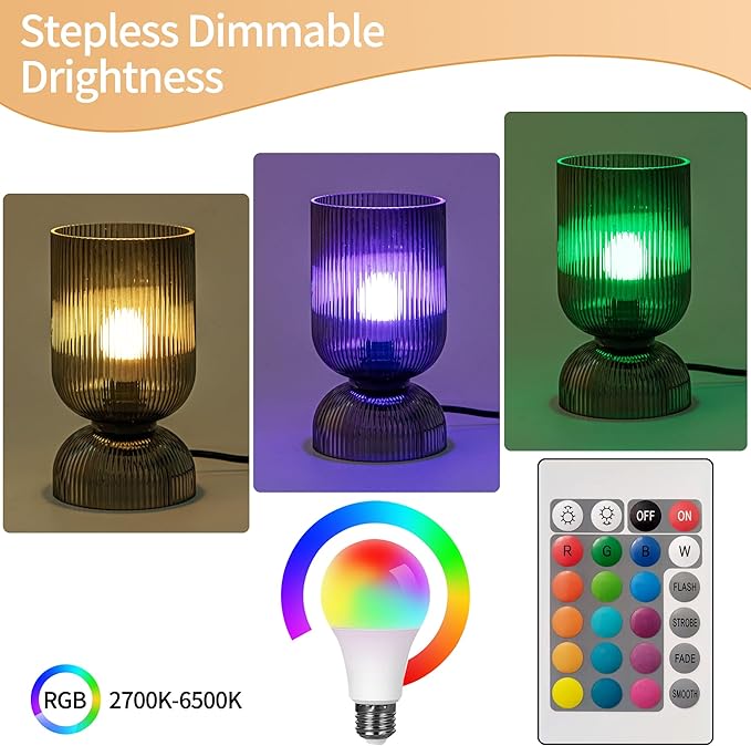 Modern RGB Glass Table Lamp with Remote，Color Changing Bedside Lamp with Ribbed Glass Shade, 16 Colors, On/Off Cord Switch, Nightstand Lamp for Bedroom, Living Room, Office, Bulb Included - Bloomnest