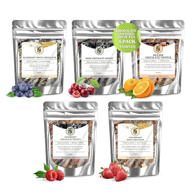 Nelson's Tea Chocolate Covered Fruit Sampler Pack Tea - Blueberry White Choc, Dark Chocolate Cherry, Orange Truffle Choc, Raspberry Truffle Choc., Strawberry White Choc.- Sample Sizes - Bloomnest