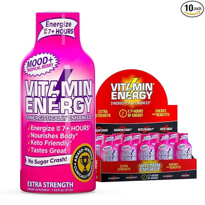Vitamin Energy Mood+ Extra Strength Energy Shot Tropical Berry 10 Pack, 260mg Natural Caffeine, B-Vitamins, Rhodiola, Chamomile, Mood & Energy Support, Zero Sugar, Gluten-Free, Vegan, 1.93 fl oz - Bloomnest