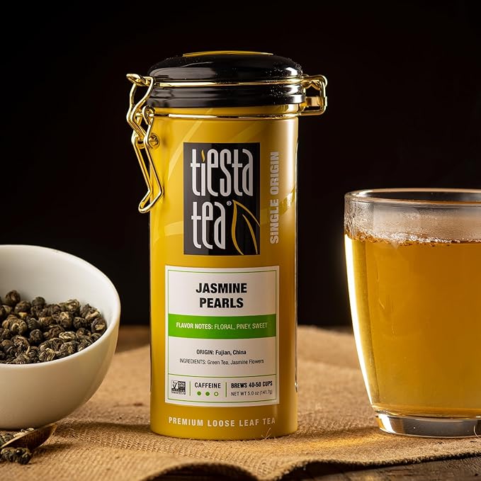 Tiesta Tea - Jasmine Pearls Green Tea, Loose Leaf, Single Origin Premium Jasmine from China, Medium Caffeinated, Makes Hot or Iced & Up to 50 Cups, 100% Pure Unblended, 5oz Refillable Tin - Bloomnest