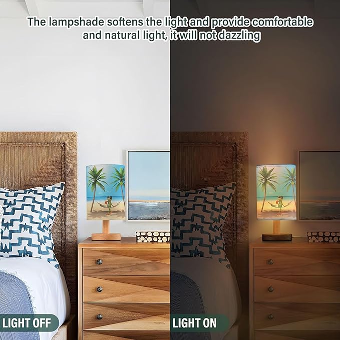 Frog Palm Tree Hammock Table Lamp with Wooden Base and Linen Fabric Shade, Multicolor, 13 cm x 5.12 inches x 9.7 inches, LED, USB, Touch Control, Non-Flashing Warm Light, Indoor Use, 1 Pack - Bloomnest