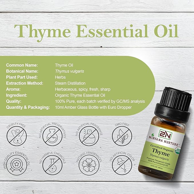 Thyme Essential Oil, USDA Certified Organic, 100% Pure Undiluted, Aromatherapy Oil for Diffuser, Hair & Skin Care NirvanaNurture