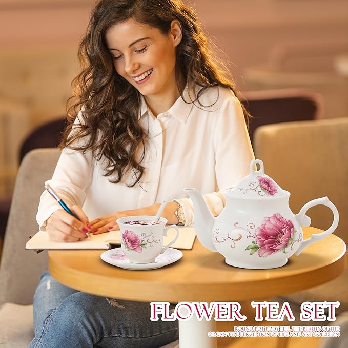 20-Pieces Tea Set For Adult with Golden Metal Rack,Porcelain Tea Sets For Women,Tea Gift Sets for Home&Party(015) - Bloomnest