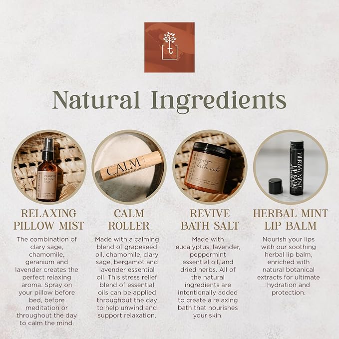 SOULISTIC ROOT Self-Care Set - Luxury Spa Bath Kit, Pillow Mist, Cooling Lip Balm, Tranquil Essential Oil Roller & Epsom Salt Bath Soak Pampering Package, Valentine's Day Holistic Gifts for Him & Her - Bloomnest