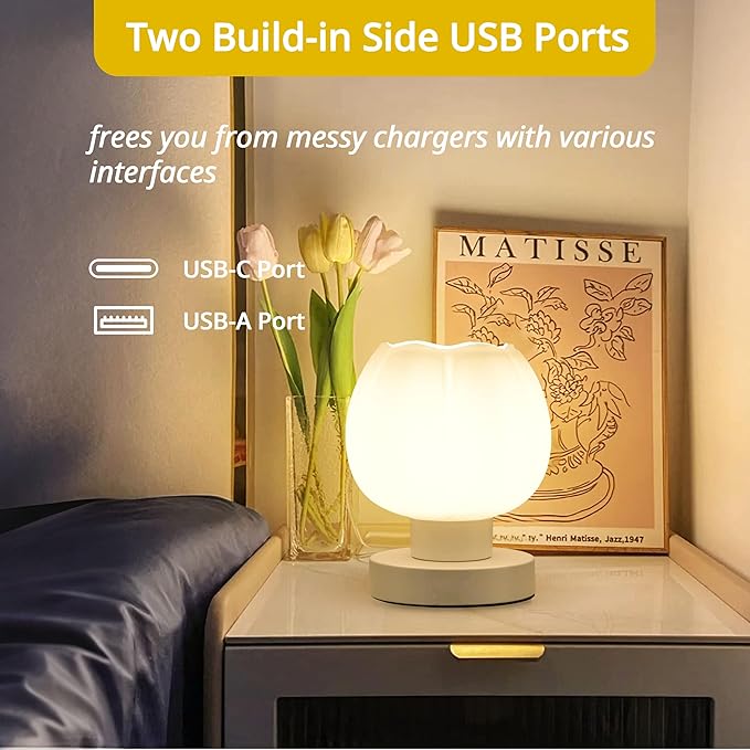 Touch Bedside Lamp, Mini Stepless Dimmable Table Lamps for Bedroom for Night Stands, Small Desk Lamp with Brightness Memory, USB Charging Ports, Warm LED Bulb, White, Flower Shape, 1 Set - Bloomnest