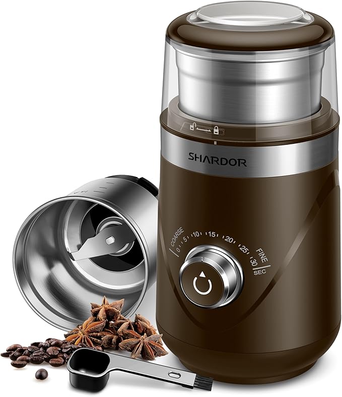 SHARDOR Electric Super Silent Blade Coffee Grinder, Timed Grind Control Rotary Knob, Adjustable Coarse to Fine for Coffee Beans, Spices & Herbs, with 1 Removable Stainless Steel Bowl, Brown - Bloomnest
