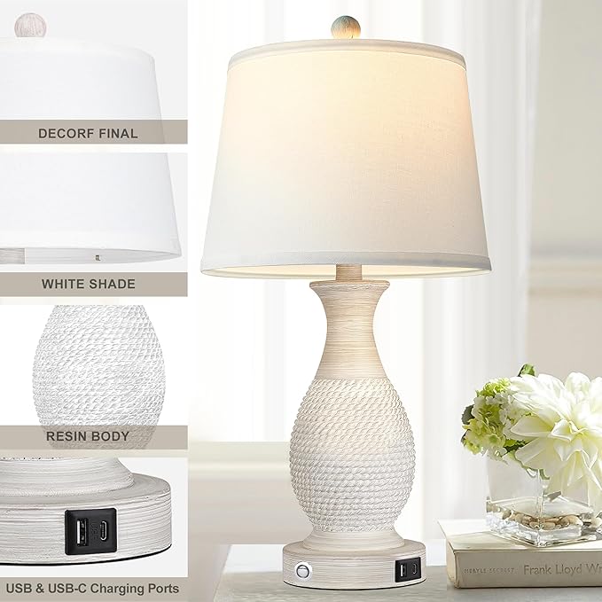 PARTPHONER Set of 2 Table Lamps with USB C+A Fast Charging Ports, 26" Tall Farmhouse Living Room Lamp with 3-Way Dimmable Nightstand Lamp White Fabric Shade for Living Room Bedroom Home Office - Bloomnest