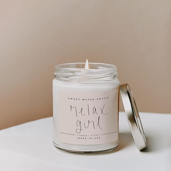 Sweet Water Decor Relax Girl, Peppermint, Cedar, Clove, and Eucalyptus Scented Soy Wax Candle for Home | 9oz Clear Jar, 40 Hour Burn Time, Non Toxic, Made in The USA - Bloomnest