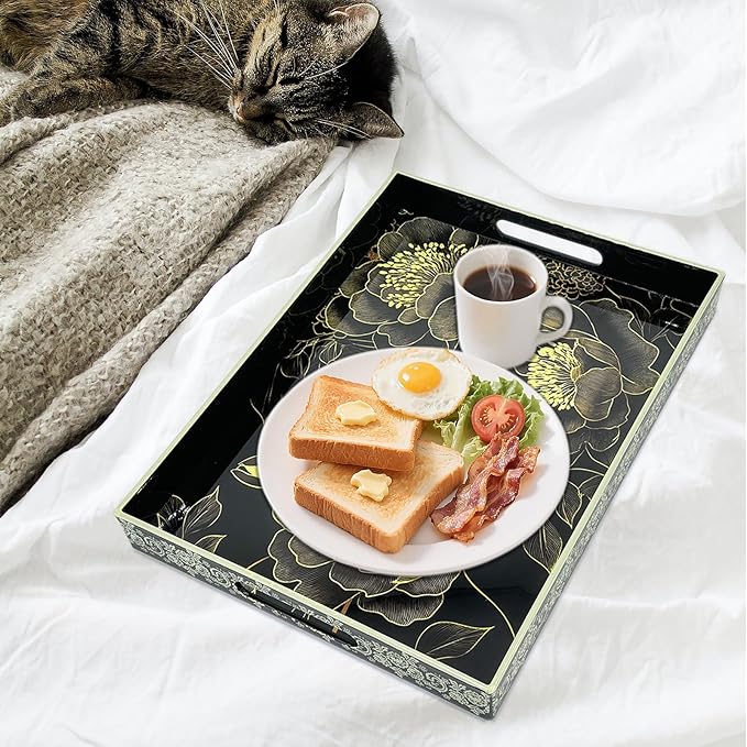 Serving Tray with Handles, 15.7 * 11.8 inches, Plastic Ottoman Tray with Exquisite Paintings, Trays for Coffee Table - Bloomnest
