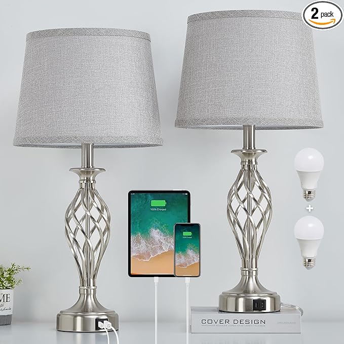 Nightstand Table Lamps for Bedrooms Set of 2 with USB C+A, Bedside Lamps with Spiral Cage Base, Tall Living Room Lamps for End Tables, Modern Night Stand Lamps for Bed Side Guest Room Bulbs Included - Bloomnest