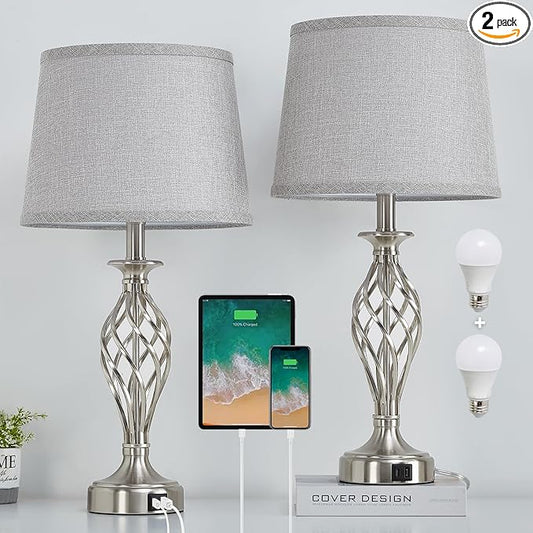 Nightstand Table Lamps for Bedrooms Set of 2 with USB C+A, Bedside Lamps with Spiral Cage Base, Tall Living Room Lamps for End Tables, Modern Night Stand Lamps for Bed Side Guest Room Bulbs Included - Bloomnest