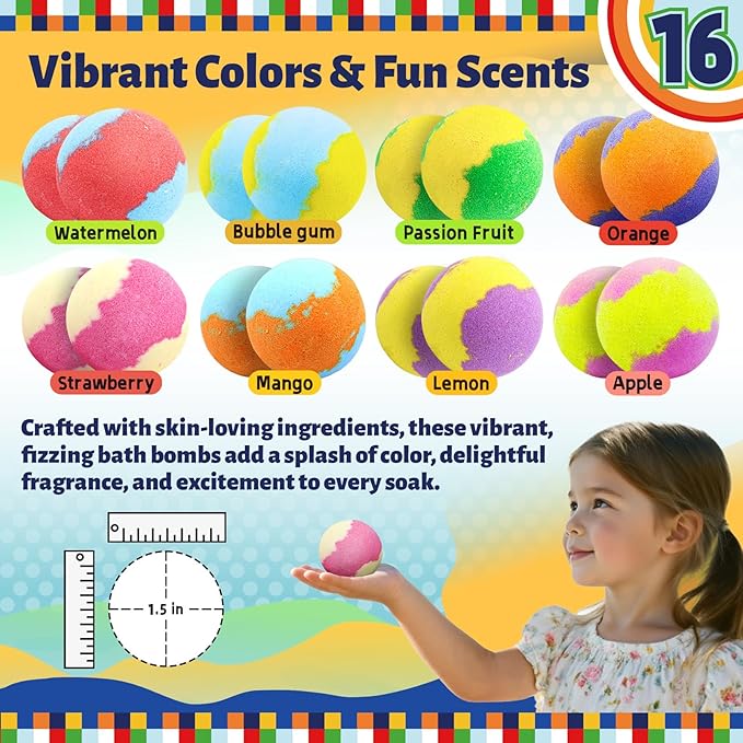 Kids Bath Bombs with Food Toys Inside, 16 Pack Colorful Surprise Bath Fizzies Set, Organic Fizzy Bubble Bath Bombs for Girls & Boys, Ages 3+ - Bloomnest