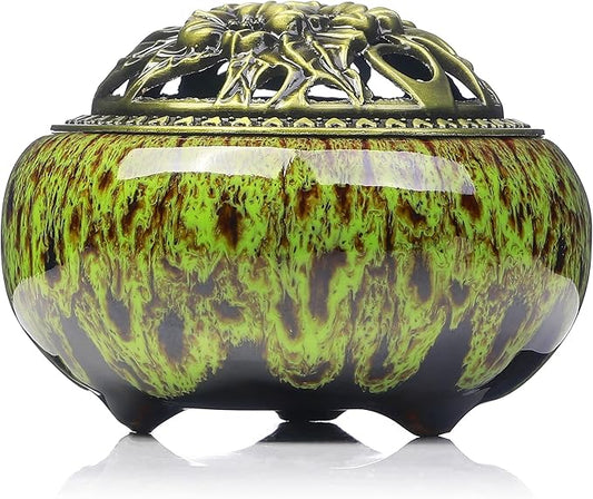 Incense Burner with Calabash Incense Stick Holder - Porcelain Charcoal Censer for Use with Resin Granular Powder Cone or Coil Incense (Kiln-Colored Green) - Bloomnest