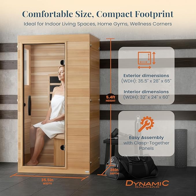DYNAMIC SAUNAS Elite 1 Person Compact Ultra Low EMF FAR Infrared Sauna with Red Light Therapy & Bluetooth Speakers - Personal Indoor for Home & Gym DynamicSaunas