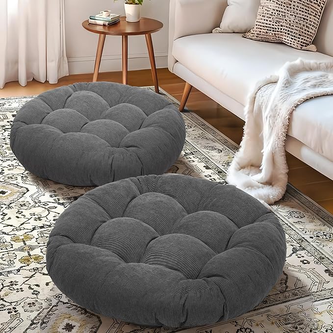 Floor Cushions for Adults Floor Pillows for Sitting Large Round Tufted Meditation Pillows Memory Foam 2 Pcs, 24" x 24", Dark Grey - Bloomnest