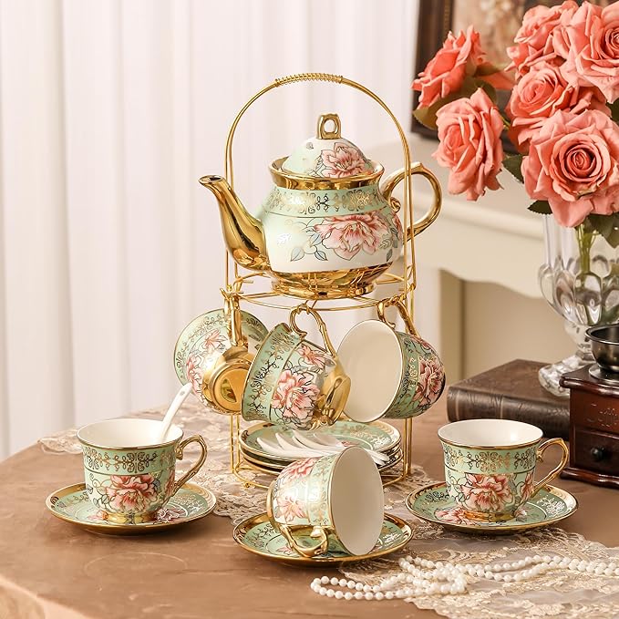 20 Pieces Porcelain Tea Set With Metal Holder, European Ceramic tea set for adults,Flower Tea Set,Tea Set For Women With Flower Painting（Light Green） - Bloomnest