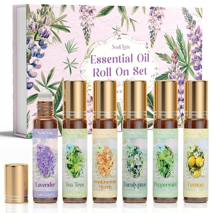 Essential Oil Roll On Set, Natural Aromatherapy Oils with Portable Roller Ball for Skin Care- Tea Tree, Frankincense & Myrrh, Lavender, Peppermint, Eucalyptus, Lemon - Gifts for Women & Men - Bloomnest