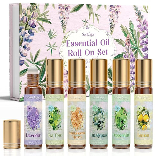 Essential Oil Roll On Set, Natural Aromatherapy Oils with Portable Roller Ball for Skin Care- Tea Tree, Frankincense & Myrrh, Lavender, Peppermint, Eucalyptus, Lemon - Gifts for Women & Men - Bloomnest