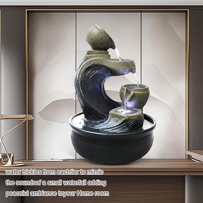 Indoor Tabletop Water Fountains and Calming Water Sound Relaxation Desktop Waterfall Fountain with LED Lights，The for Office, Room Decoration, Portable Feng Shui Fountain Indoor