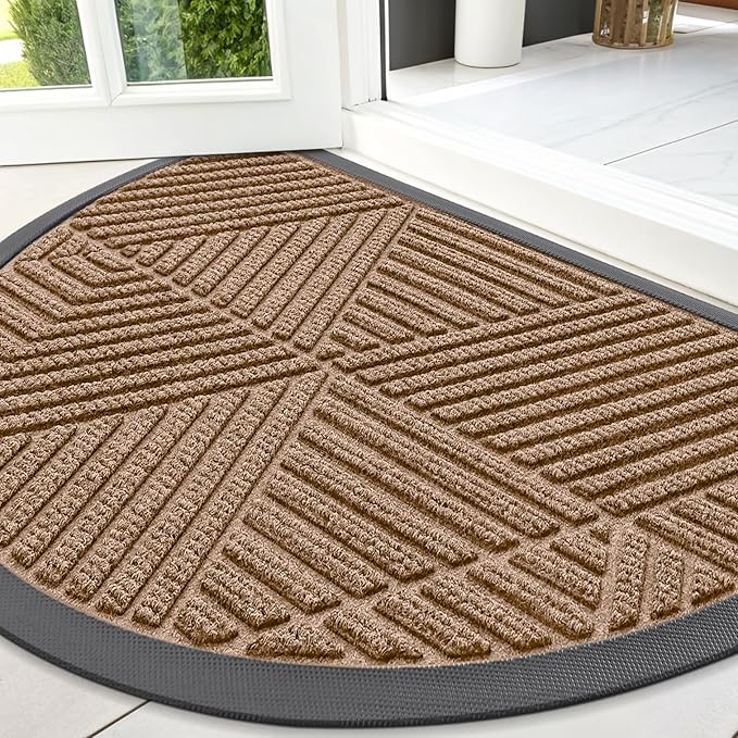 Smiry Half Circle Front Door Mat Outside Entrance, Heavy Duty Sturdy Natural Rubber Doormat, Trap Dirt and Moisture, Low Profile Mats for Indoor Outdoor Entry, Irregular Triangle (47x32, Coffee) - Bloomnest