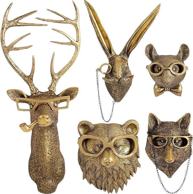 UITWMKTG 5 Pack Animal Head Wall Decor Gold Wall Sculpture Home Decor for Office Bedroom Modern Decor for Men Women - Bloomnest