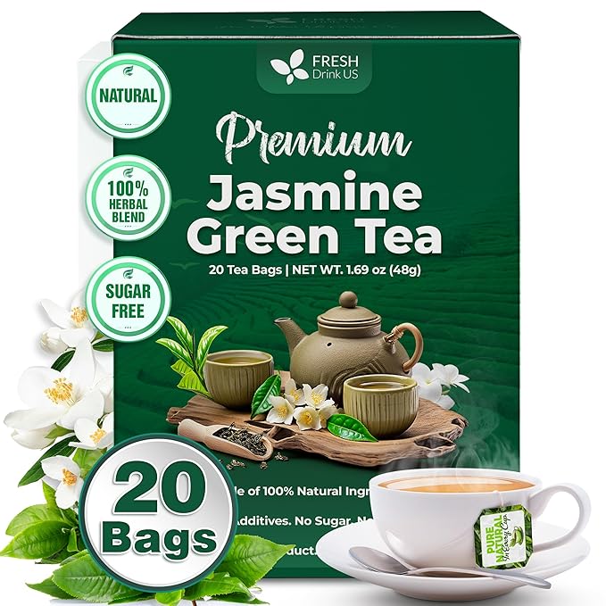 FreshDrinkUS, Premium 20 Tea Bags of Jasmine Green Tea, 100% Natural. Exquisite Flavor, Handpicked Leaves, Perfect for Tea Lovers. No Sugar, No Gluten, Vegan. - Bloomnest