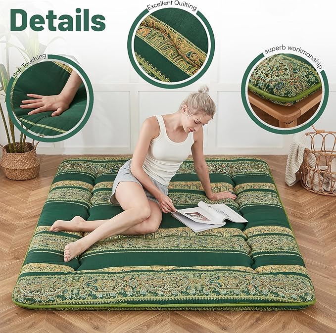 Japanese Floor Mattress, Futon Mattress with Portable Storage Bag and Washable Cover, Roll Up Thick Tatami Mat Suitable for Camping, Guest Room (Bohemian Green, Twin) - Bloomnest
