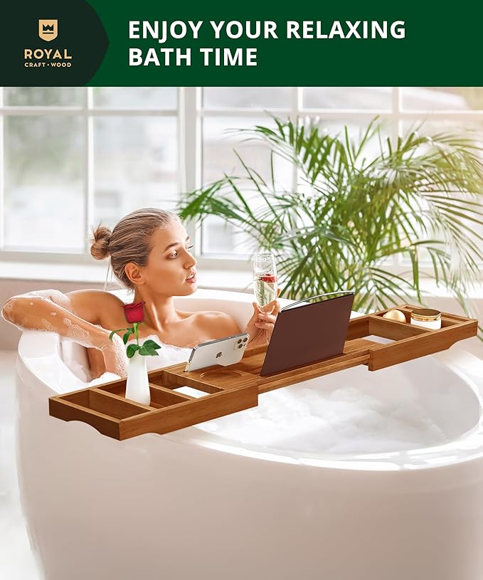 ROYAL CRAFT WOOD Premium Foldable Bathtub Tray - Wood Bath Tray for Tub, Bamboo Shelf, Expandable Bath Table Trays, Bathtub & Bathroom Accessories for New Home Gifts for Mom - Bloomnest