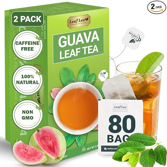 LeafLea Guava Leaf Tea, 80 Fresh-Sealed Tea Bags, Herbal Tea Made from Natural Guava Leaves (Hojas de Guayaba), Digestive Support & Immune Balance, Caffeine-Free, Sugar-Free, Pack of 2 - Bloomnest