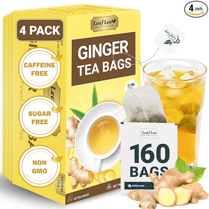 LeafLea 160 Ginger Tea Bags, Pure Ginger Root Herbal Tea, Spicy & Comforting, Supports Digestion & Immune Health, Caffeine Free, Sugar Free, Non-GMO, Vegan, Individually Wrapped for Freshness - Bloomnest