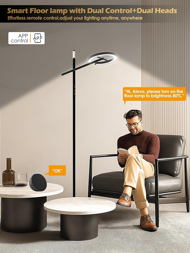Happy Light Therapy Lamp, 10000 Lux UV-Free Full Spectrum Sunlight Floor Lamp with Remote & App Control, Adjustable Brightness & Color Temps 2700-6500K, 2 in 1 LED Sun lamp for Living Room Home Office - Bloomnest