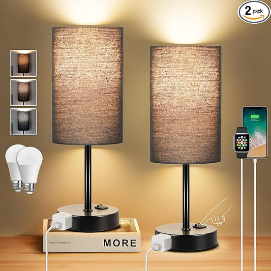 ZJOJO Table Lamp for Bedroom Set of 2, Bedside Small Lamps with 3 Way Dimmable Rocker Switch and AC Outlet, Nightstand Desk Lamp with Black Fabric Shade Black Base for Living Room Home Decor Lights - Bloomnest