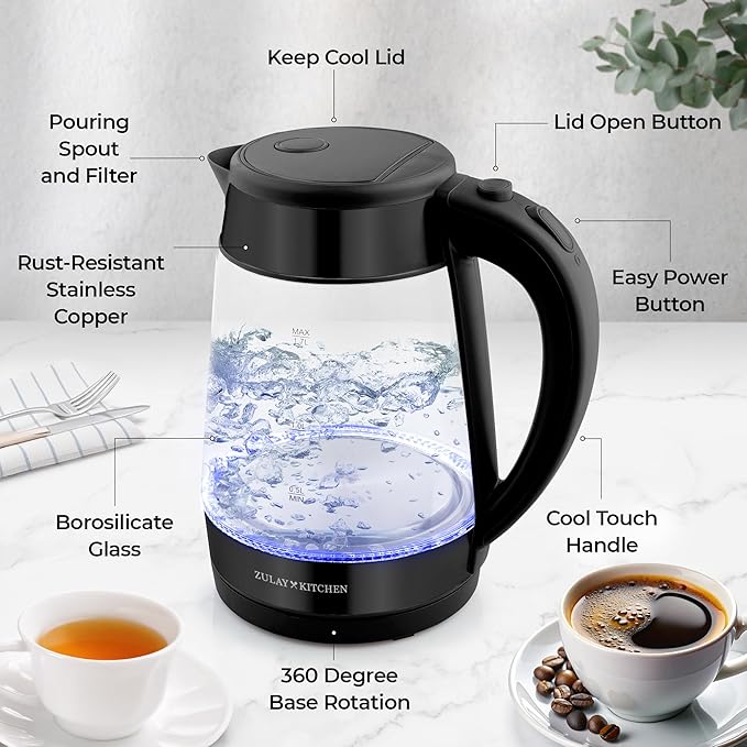 Zulay Kitchen Fast Boiling Electric Water Kettle - 1.7L, 1500W, Auto Shut-Off for Overboil & Boil Dry Protection, Cool-Touch Handle, 360° Base - Rapid Teapot Boiler For Coffee & Tea - Black Metallic - Bloomnest