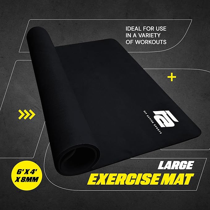 Fit Active Sports Large Exercise Mat 6' x 4' x 8mm Non-Slip Extra Wide Workout Mat for Home Gym, Cardio, Yoga, Floor Fitness, MMA, Plyo, and Jump Rope | Shoe Friendly Black - Bloomnest