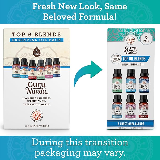 GuruNanda Essential Oil Blends (Set of 6) - Natural Essential Oil Set, Aromatherapy Oil Blends for Diffusers - Breathe Easy, Tranquility, Harmony, Calming Sleep, Relaxation & Thrive - Bloomnest