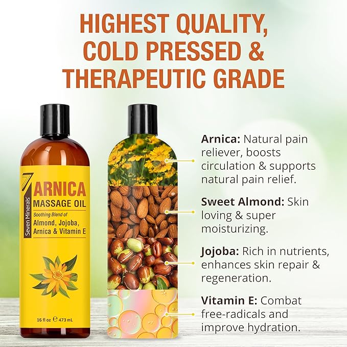 Seven Minerals Arnica Sore Muscle Massage Oil for Massage Therapy - Big 16 oz - Ideal for Professional or at-Home Body Massage. Soothing Natural Blend of Almond, Jojoba & Vitamin E