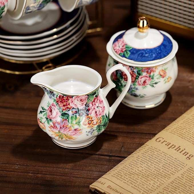 fanquare 21-Piece Blue Lace Porcelain Tea Set, China Coffee Cup and Saucer Set for 6, Pink Flower Tea Sets for Adults Women - Bloomnest