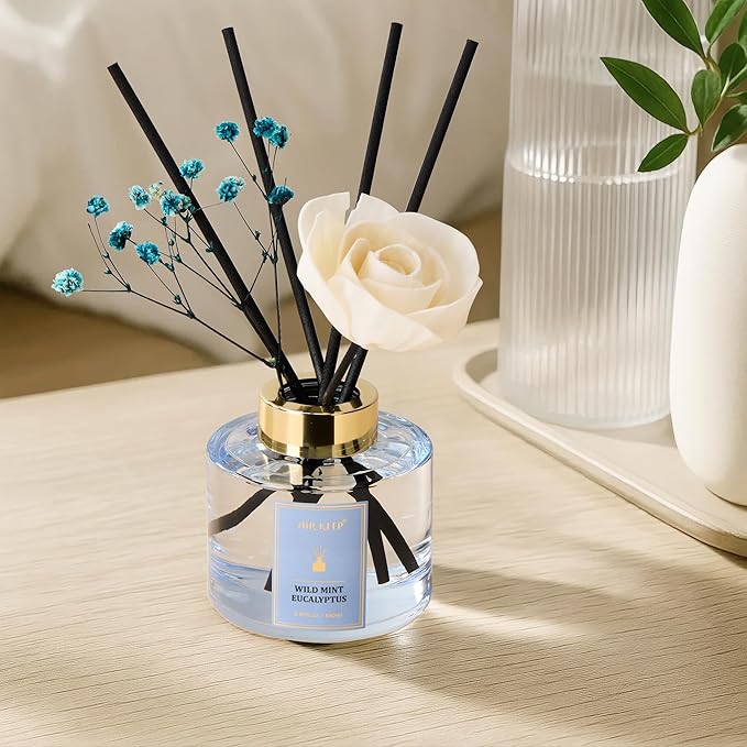 Airkeep Flower Reed Diffusers Set, 5.07 oz Wild Mint&Eucalyptus Scented Oil Diffuser with 8 Reed Sticks, Home Fragrance Diffuser Gift Set for Bathroom & Office Decor 150ml - Bloomnest