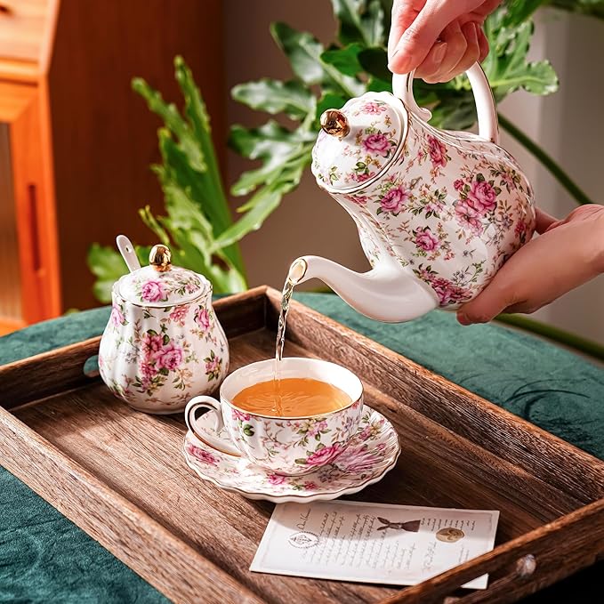 Tea Pot, Porcelain Teapot 37oz,tea pots for tea party,Tea Infuser Pots for Blooming loose Leaf Tea (White with flower)