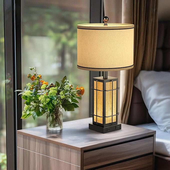 Black Table Lamps Set of 2, 24" Farmhouse Lamps for Living Room with USB C+A Ports, Industrial Retro Lamps for Bedroom, Nightstand Light Fixture, 2 Bulbs Included - Bloomnest